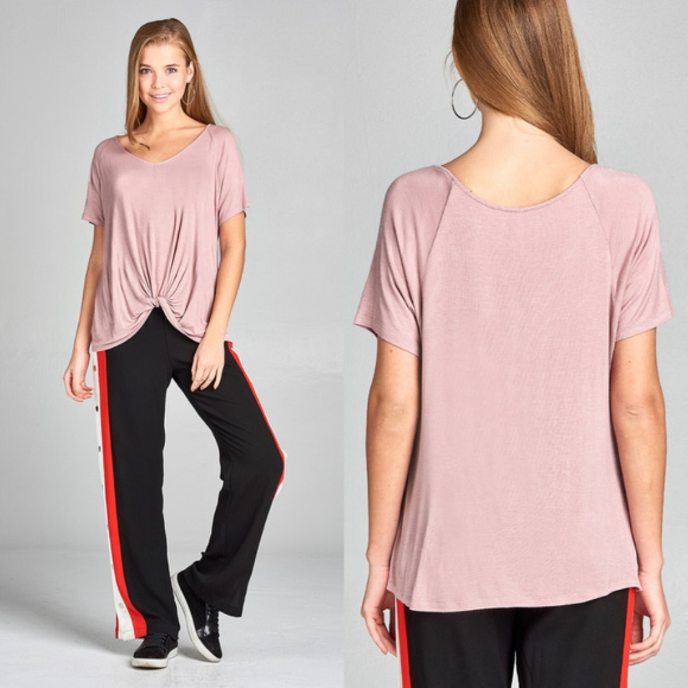 Twist Front Casual Tee / Top (PINK) - Picture 3 of 3